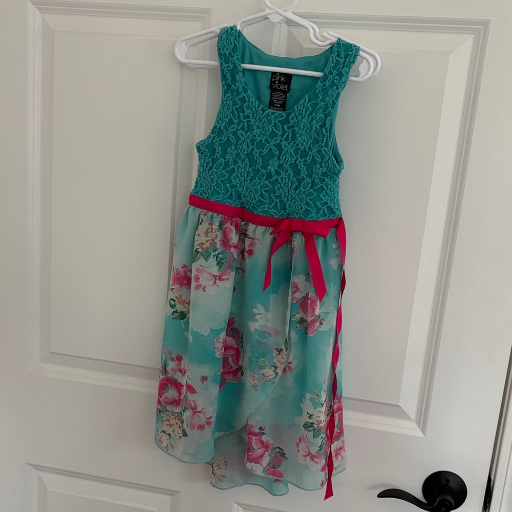 Charming Teal and Pink Floral Lace Dress